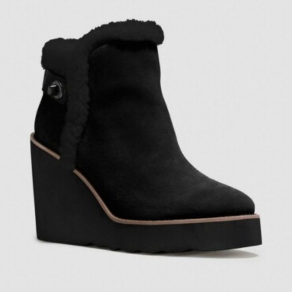 Coach | Kingston Black Shearling Leather Wedge Ankle Boots - 7.5 like new - Picture 1 of 9